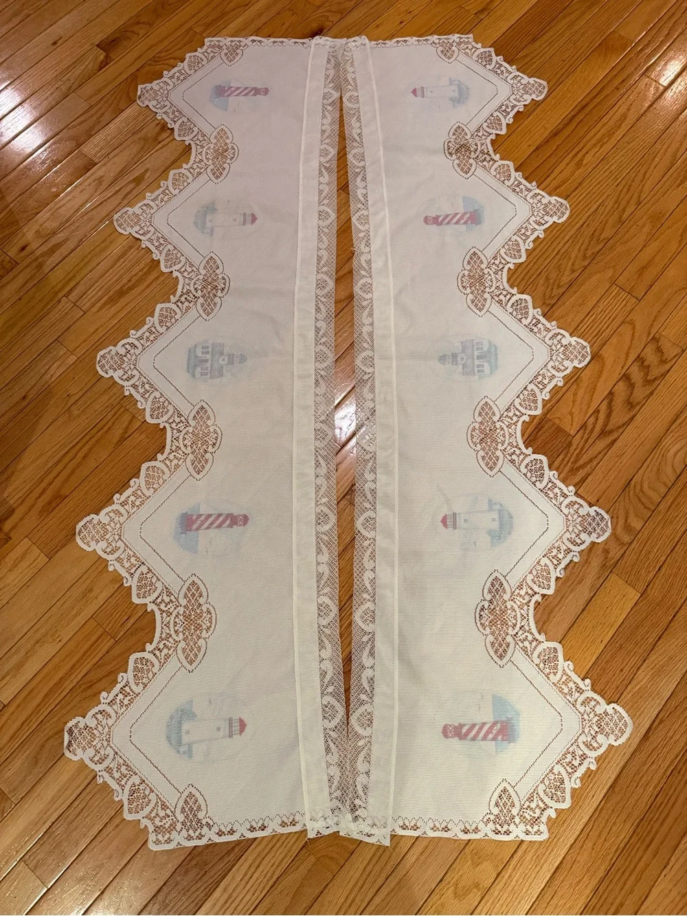 Lace Trim Nautical Valance with Lighthouse Motif White Blue coastal new england
